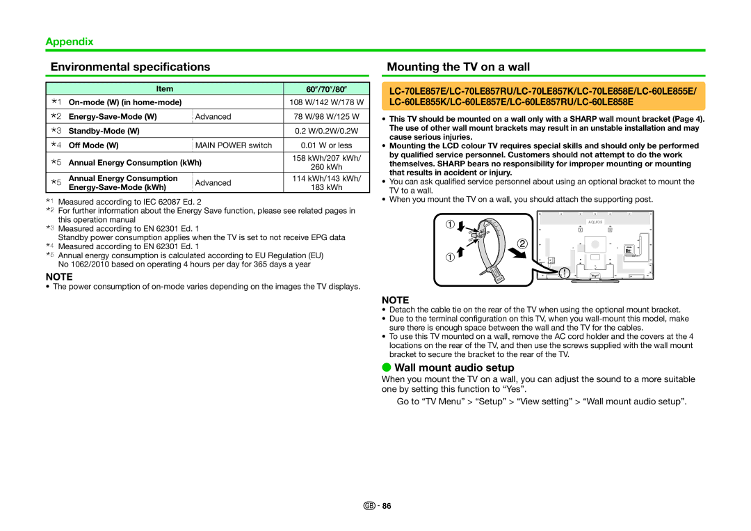 Sharp LC-60LE855K, LC-80LE857K, LC-70LE857K Environmental specifications, Mounting the TV on a wall, Wall mount audio setup 