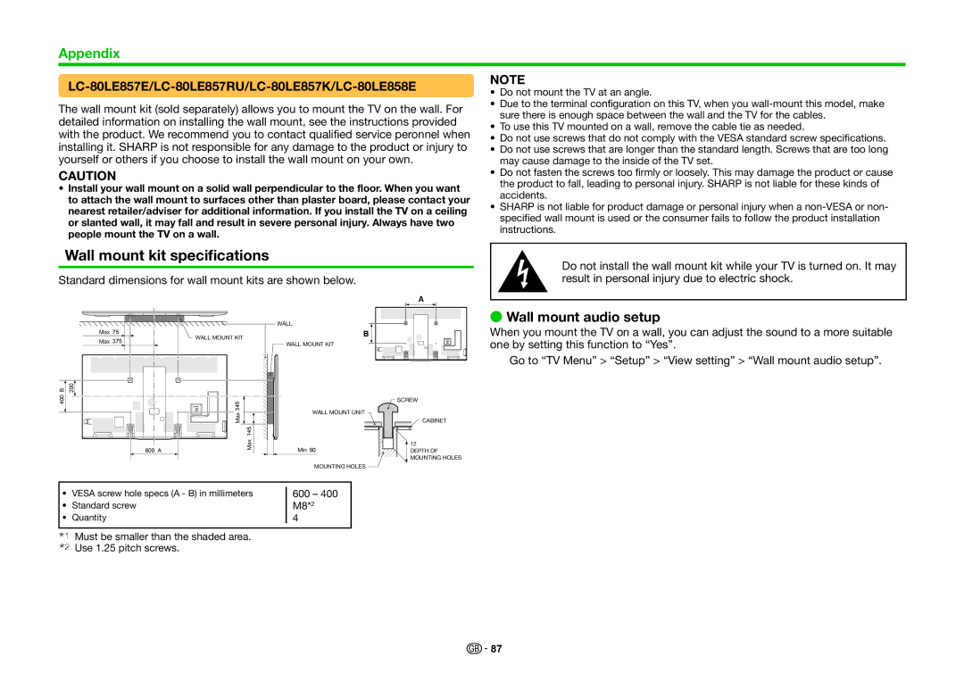 Sharp LC-70LE857K, LC-60LE855K Wall mount kit specifications, LC-80LE857E/LC-80LE857RU/LC-80LE857K/LC-80LE858E 