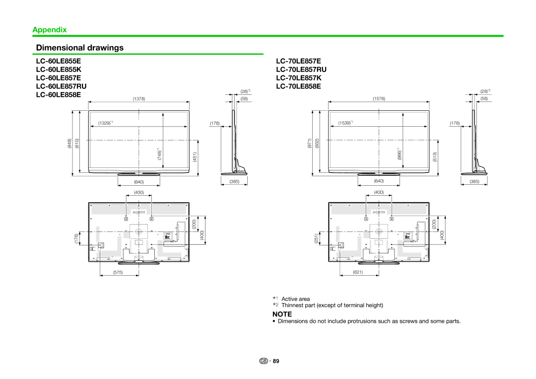 Sharp LC-60LE855K, LC-80LE857K operation manual Dimensional drawings, LC-70LE857E LC-70LE857RU LC-70LE857K LC-70LE858E 