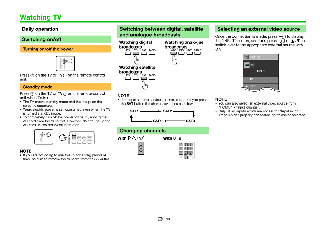 Sharp LC-80LE657E Watching TV, Daily operation Switching on/off, Changing channels, Selecting an external video source 