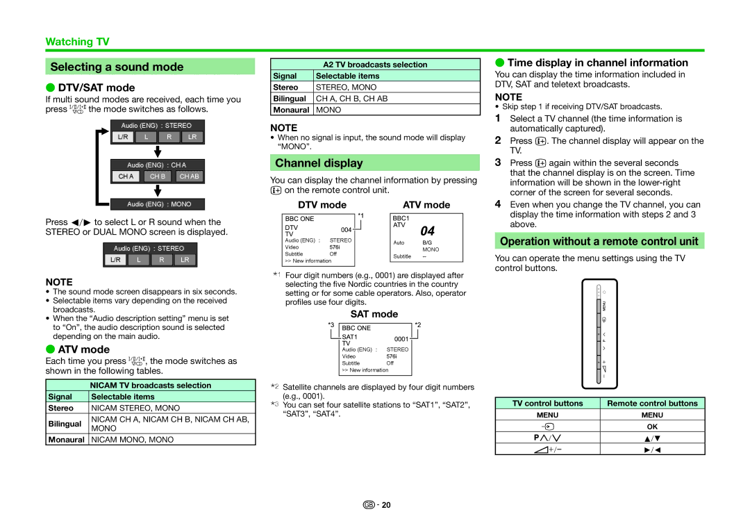 Sharp LC-90LE757RU, LC-70LE747KN Selecting a sound mode, Channel display, Operation without a remote control unit 