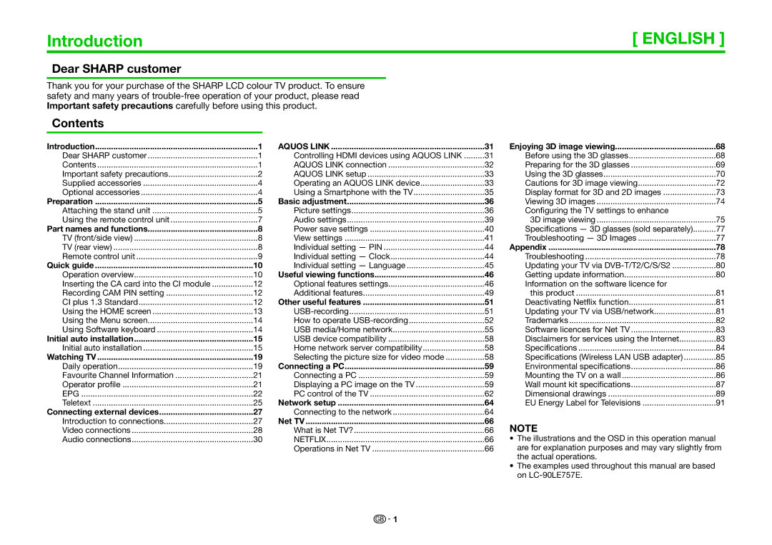 Sharp LC-90LE757RU, LC-70LE747KN, LC-70LE747EN, LC-70LE747RU, LC-80LE657EN Introduction, Dear Sharp customer, Contents 