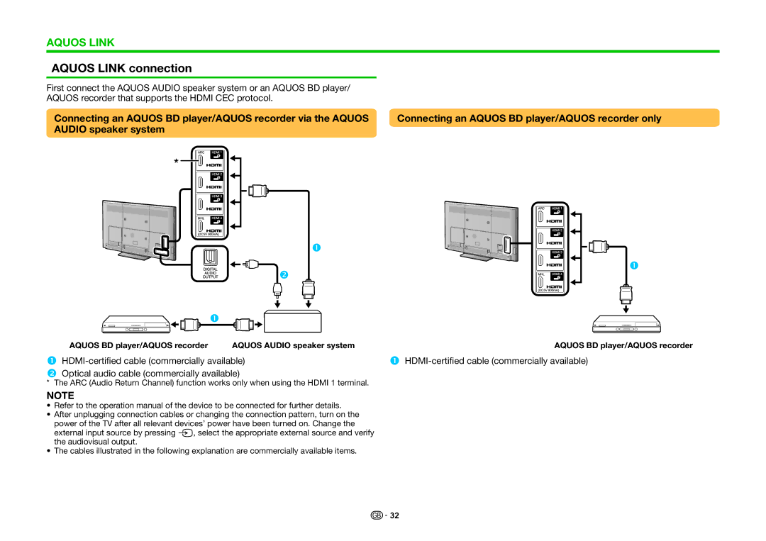 Sharp LC-70LE747KN, LC-90LE757RU, LC-70LE747EN Aquos Link connection, Connecting an Aquos BD player/AQUOS recorder only 