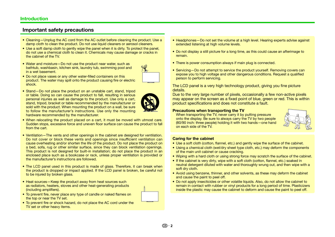 Sharp LC-70LE747RU, LC-70LE747E Important safety precautions, Precautions when transporting the TV, Caring for the cabinet 