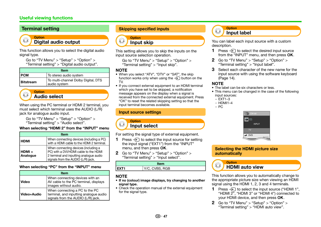 Sharp LC-80LE657EN, LC-70LE747E Terminal setting, Digital audio output Input skip, Input label, Audio select, Input select 