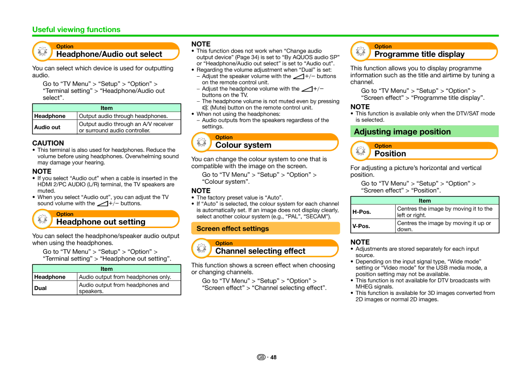 Sharp LC-90LE757E Headphone/Audio out select, Headphone out setting, Colour system, Channel selecting effect, Position 