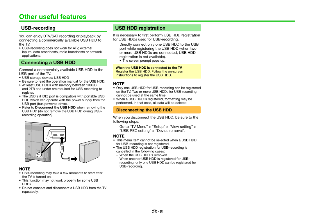 Sharp LC-90LE757K, LC-90LE757RU Other useful features, USB-recording, Connecting a USB HDD, USB HDD registration 