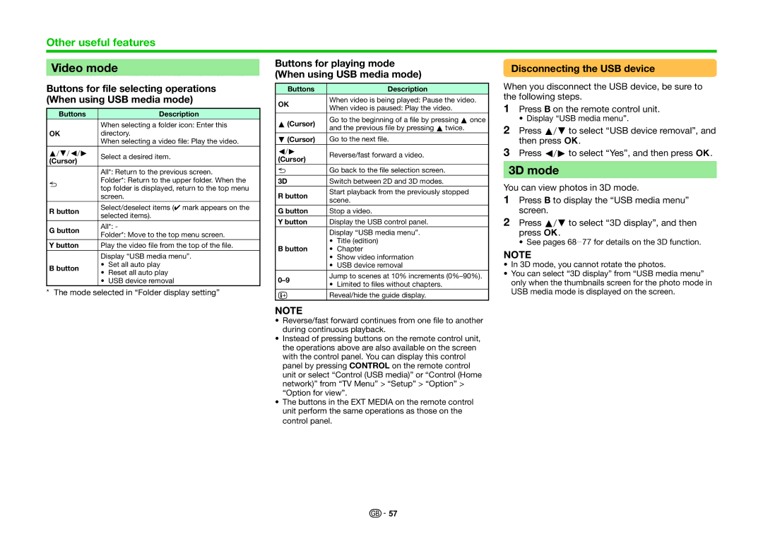 Sharp LC-70LE747RU Video mode, 3D mode, Buttons for playing mode When using USB media mode, Disconnecting the USB device 