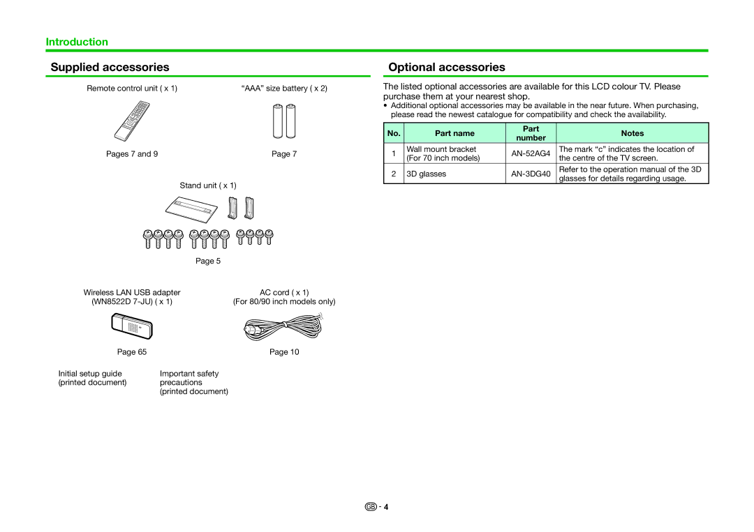 Sharp LC-90LE757E, LC-90LE757RU, LC-70LE747KN, LC-70LE747EN Supplied accessories Optional accessories, Part name, Number 