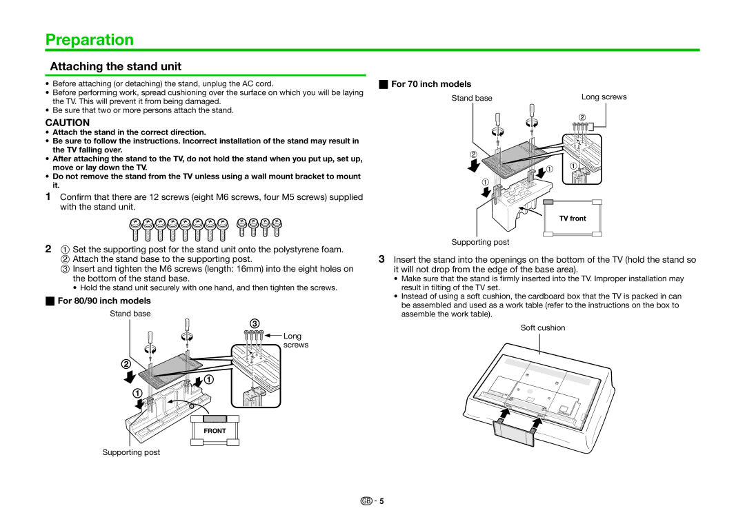 Sharp LC-80LE657KN, LC-90LE757RU Preparation, Attaching the stand unit, For 80/90 inch models, For 70 inch models 