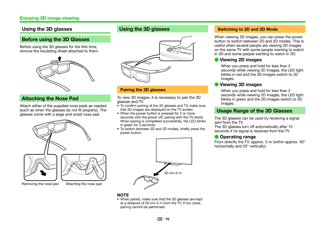 Sharp LC-90LE757E Using the 3D glasses Before using the 3D Glasses, Attaching the Nose Pad, Usage Range of the 3D Glasses 