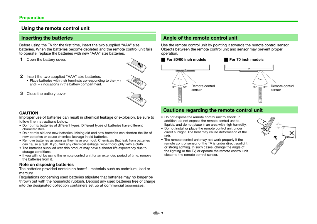 Sharp LC-90LE757K, LC-90LE757RU Using the remote control unit Inserting the batteries, Angle of the remote control unit 