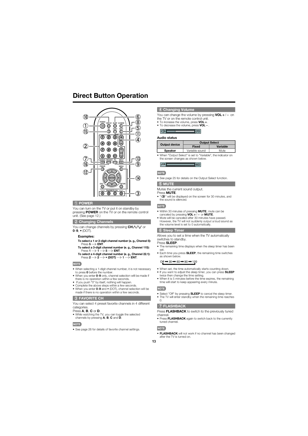 Sharp LC-C3237UT operation manual Direct Button Operation, Changing Channels, Changing Volume, Sleep Timer 