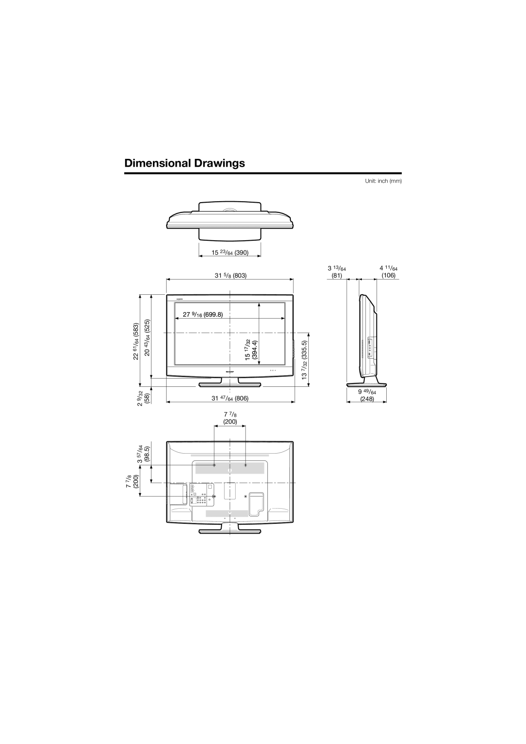 Sharp LC-C3237UT operation manual Dimensional Drawings, Unit inch mm 15 23/64, 394.4, 31 47/64 200 