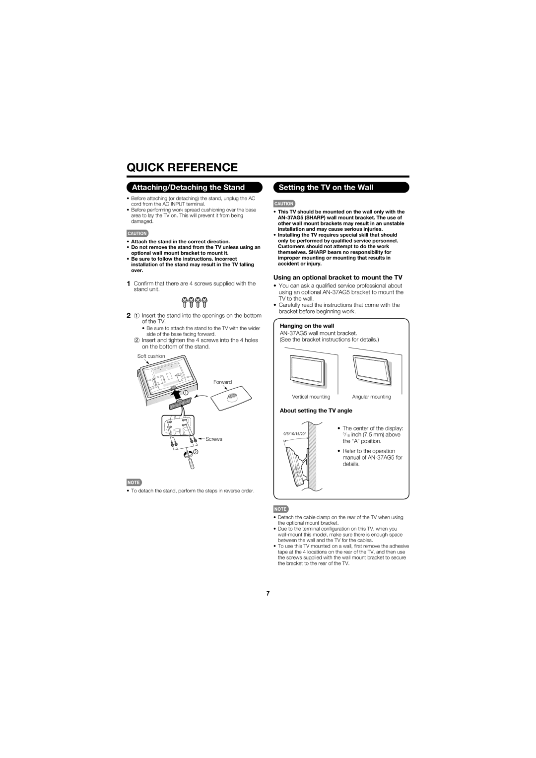 Sharp LC-C3237U Attaching/Detaching the Stand, Setting the TV on the Wall, Using an optional bracket to mount the TV 