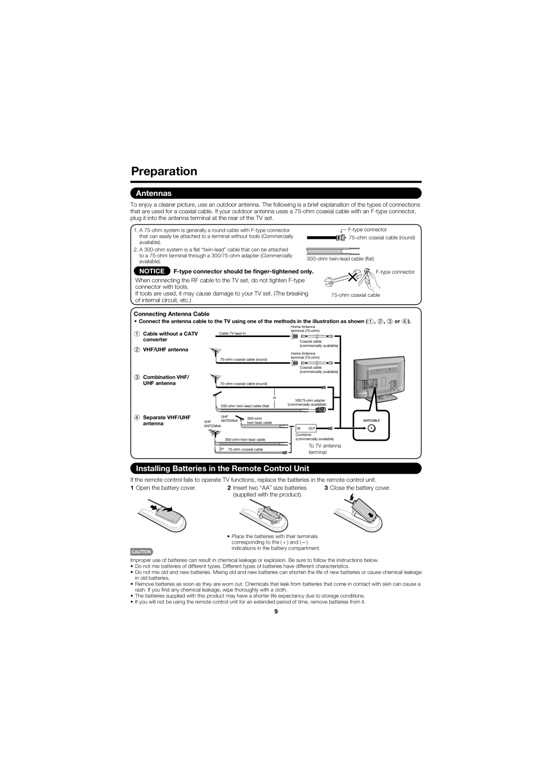 Sharp LC-C3237U Preparation, Antennas, Installing Batteries in the Remote Control Unit, Connecting Antenna Cable 