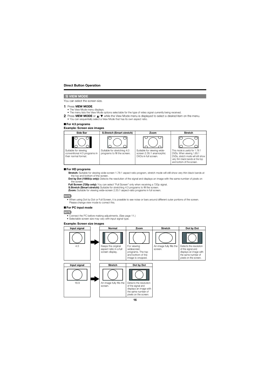 Sharp LC-C4067U operation manual You can select the screen size, Press View Mode, For HD programs, For PC input mode 