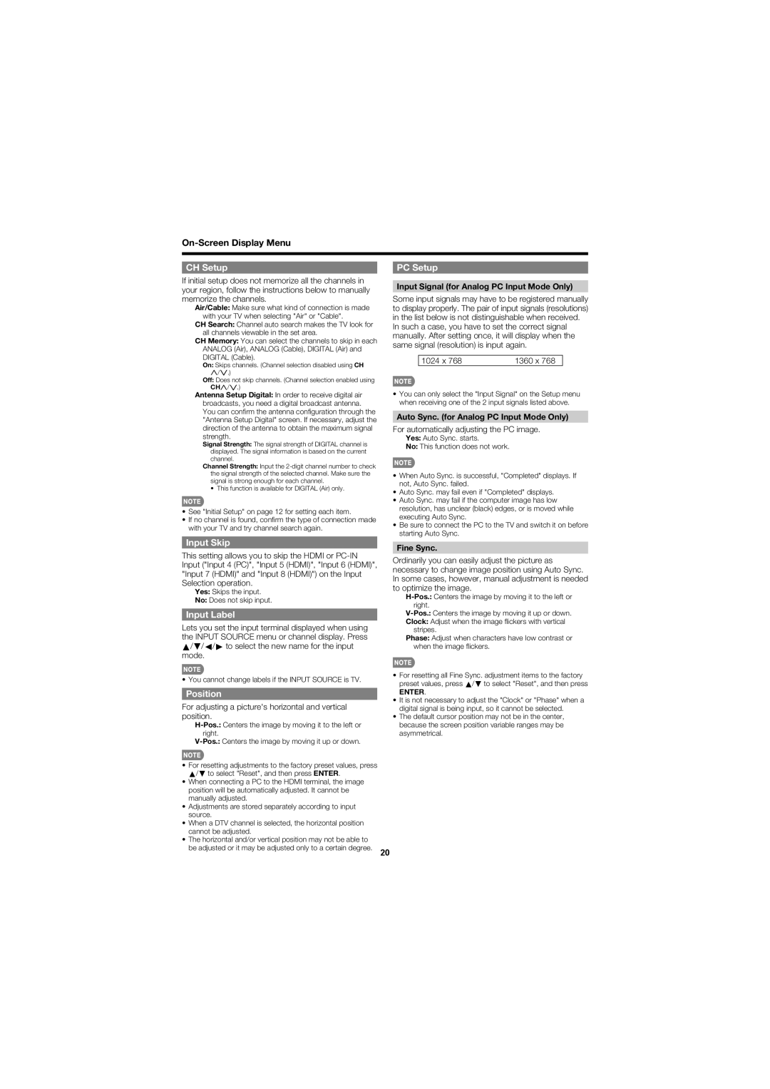 Sharp LC-C4067U operation manual CH Setup, PC Setup, Input Skip, Input Label, Position 