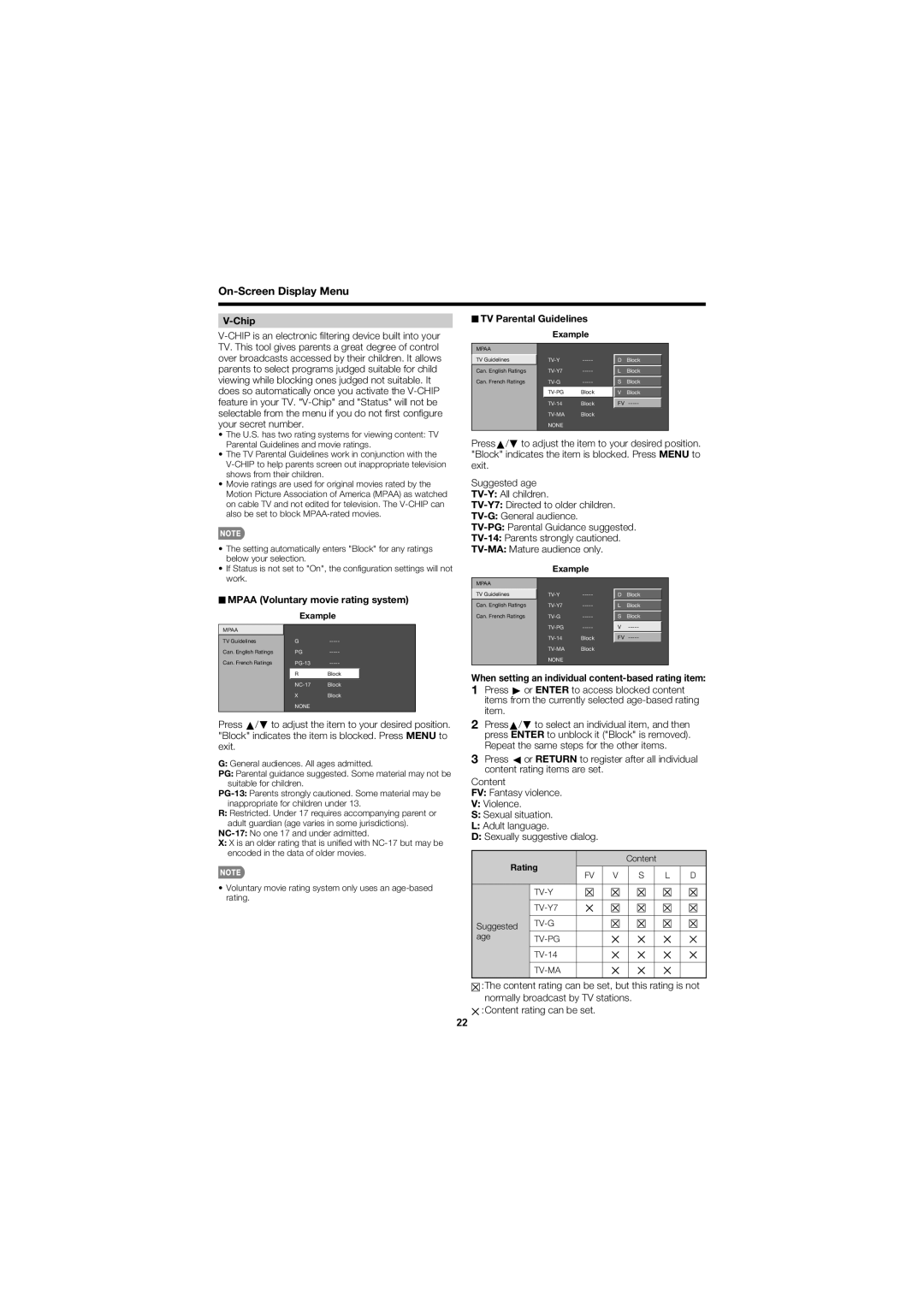 Sharp LC-C4067U operation manual On-Screen Display Menu Chip, Mpaa Voluntary movie rating system, TV Parental Guidelines 