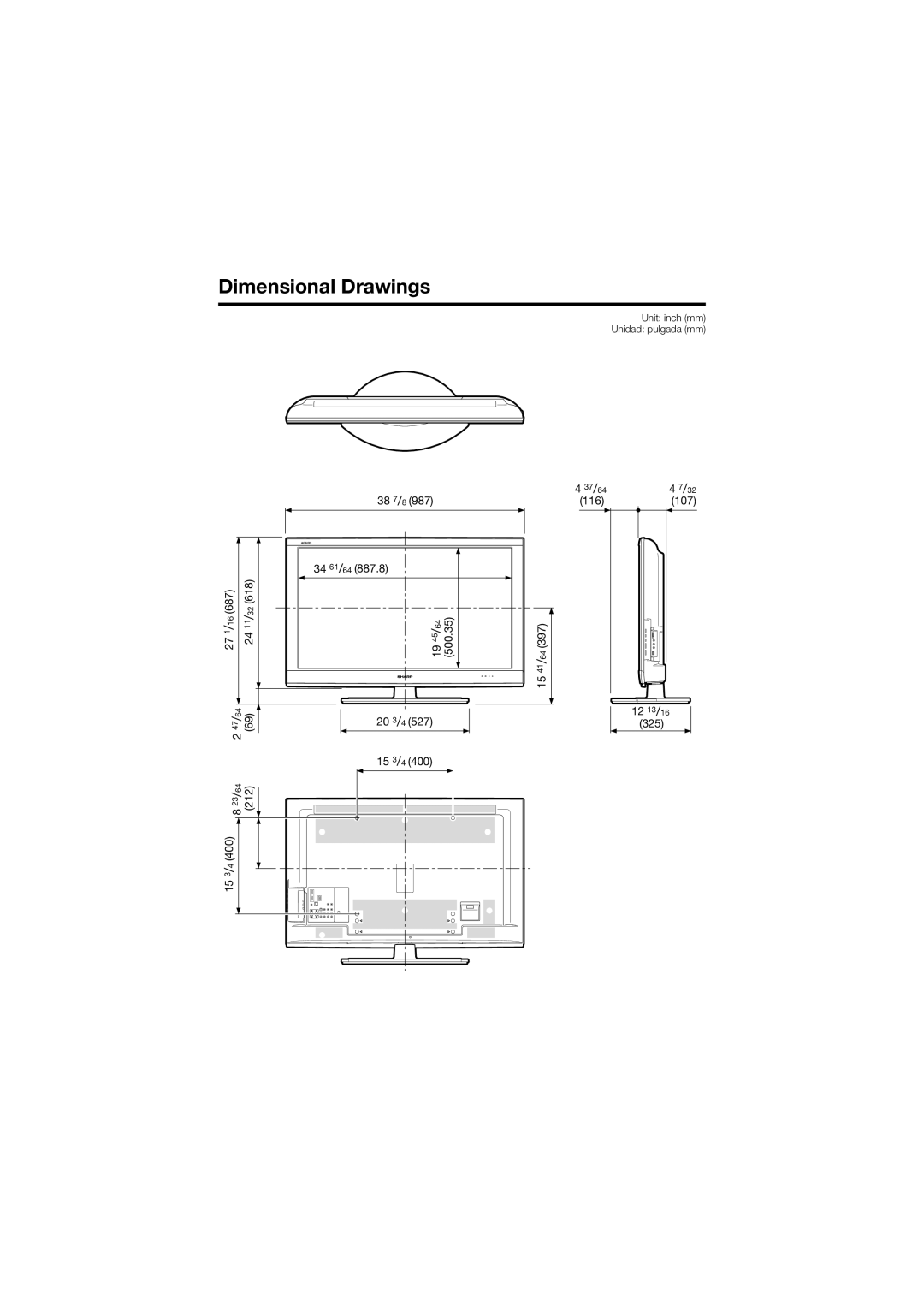 Sharp LC-C4067U operation manual Dimensional Drawings, 15 3 / 4, Unit inch mm Unidad pulgada mm 37/64 