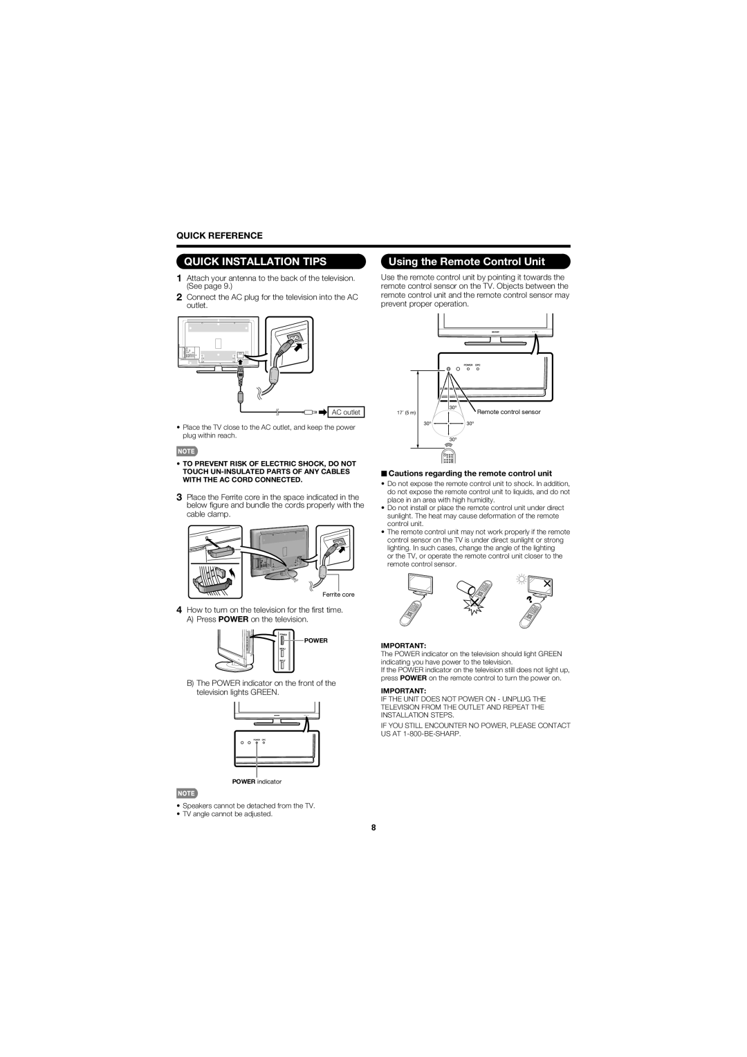 Sharp LC-C4067U operation manual Using the Remote Control Unit, Power indicator on the front of the television lights Green 