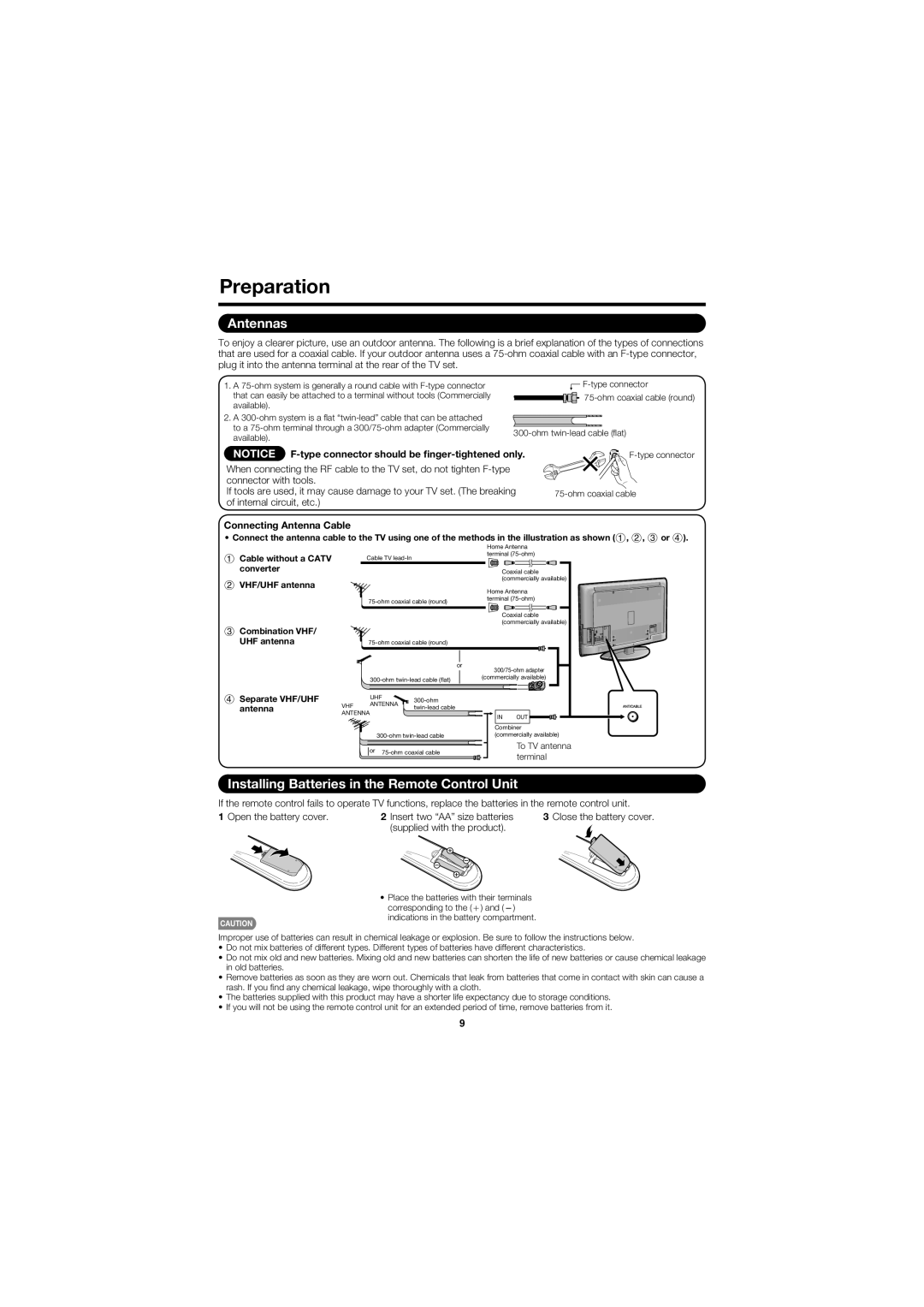 Sharp LC-C4067U Preparation, Antennas, Installing Batteries in the Remote Control Unit, Connecting Antenna Cable 