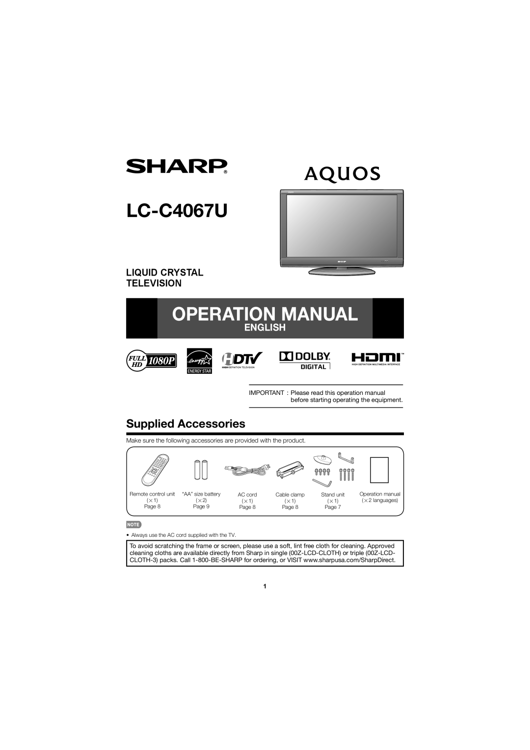 Sharp LC C4067U operation manual LC-C4067U, Supplied Accessories, Operation Manual, Liquid Crystal Television, English 