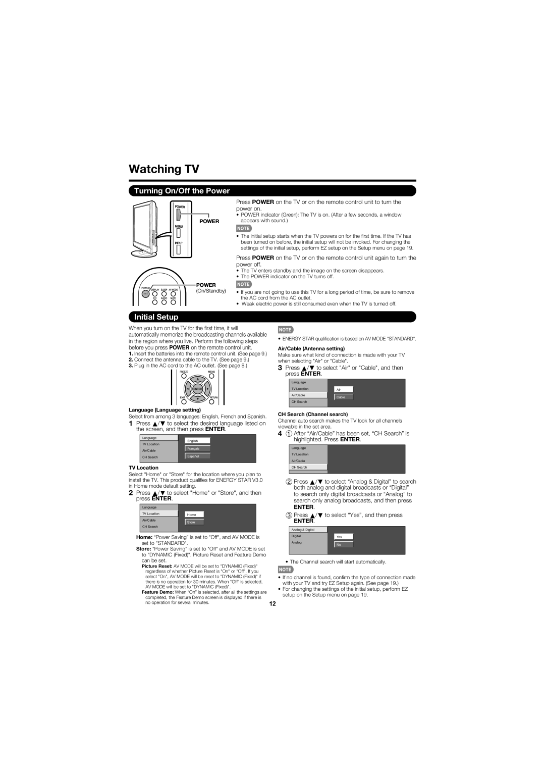 Sharp LC C4067U operation manual Watching TV, Turning On/Off the Power, Initial Setup, Enter 