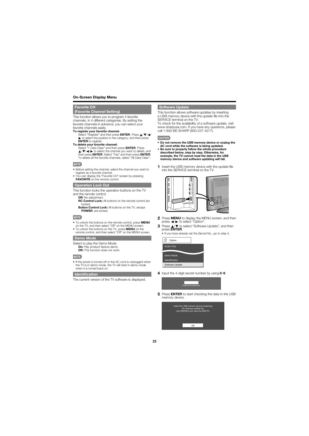 Sharp LC C4067U Favorite CH Favorite Channel Setting, Operation Lock Out, Software Update, Demo Mode, Identiﬁcation 