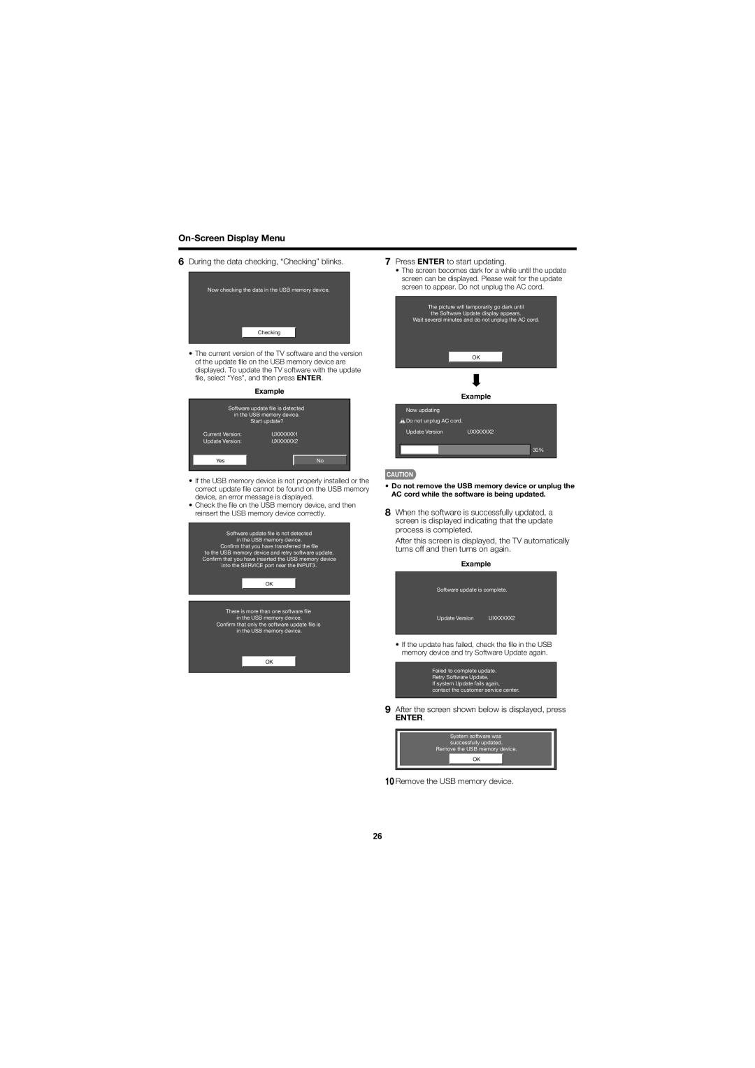 Sharp LC C4067U During the data checking, “Checking” blinks, Press ENTER to start updating, Remove the USB memory device 