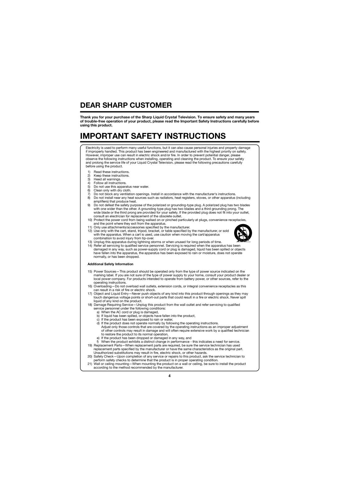Sharp LC C4067U operation manual Important Safety Instructions, Dear Sharp Customer, Additional Safety Information 