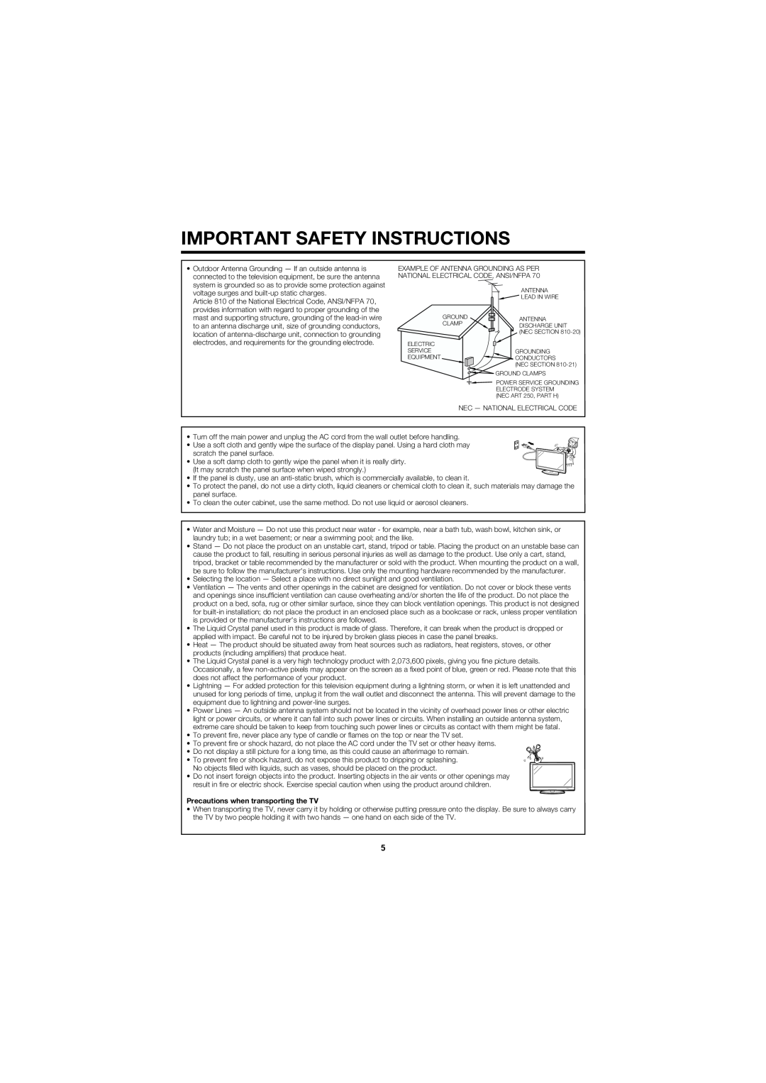 Sharp LC C4067U operation manual Precautions when transporting the TV, Important Safety Instructions 