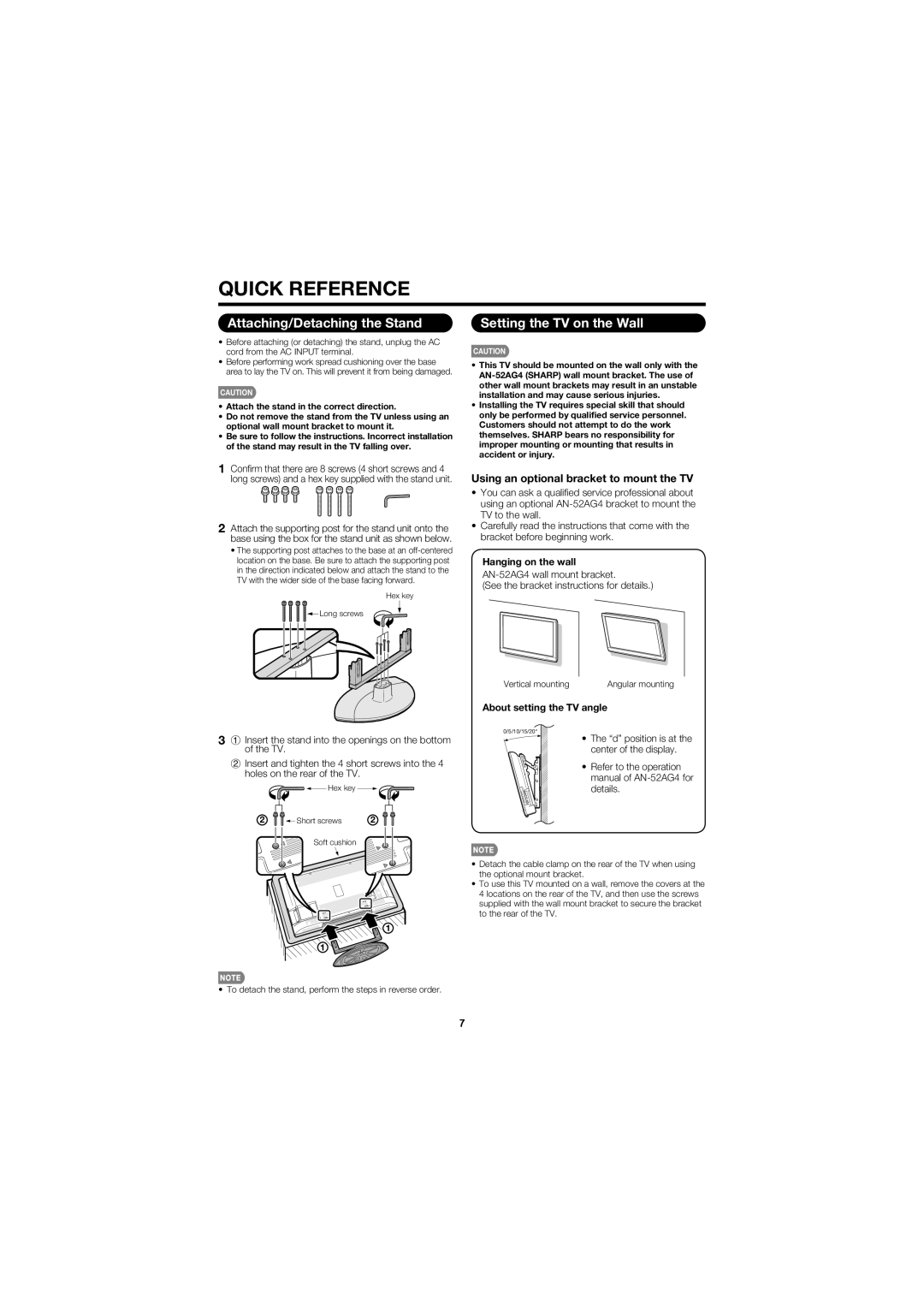 Sharp LC C4067U Quick Reference, Attaching/Detaching the Stand, Setting the TV on the Wall, About setting the TV angle 