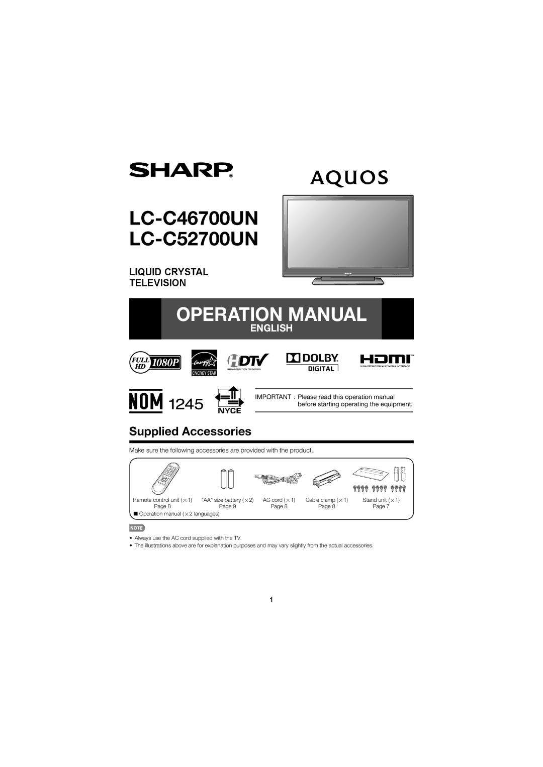 Sharp operation manual LC-C46700UN LC-C52700UN, Supplied Accessories 