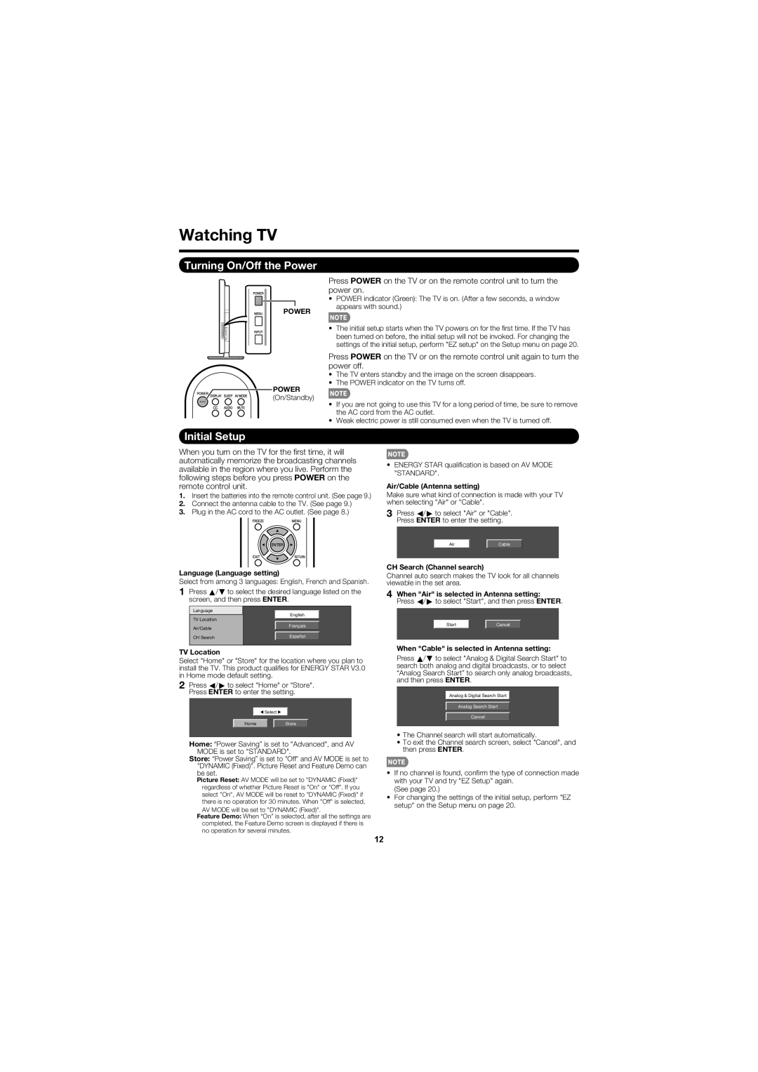 Sharp LC-C46700UN, LC-C52700UN operation manual Watching TV, Turning On/Off the Power, Initial Setup 