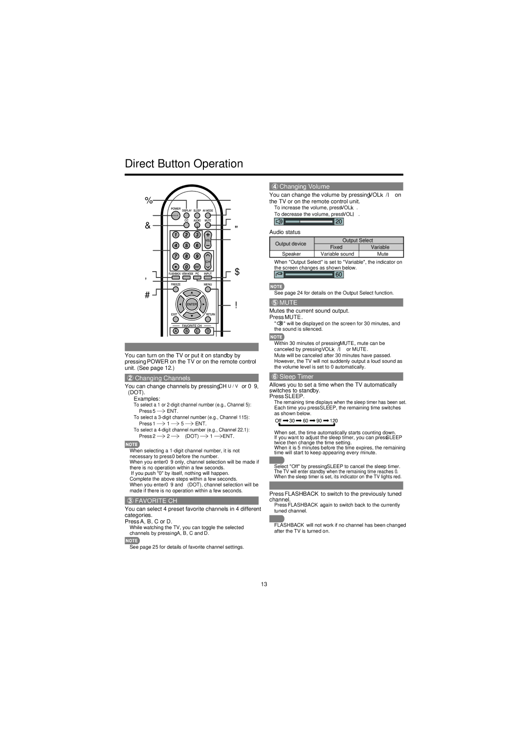 Sharp LC-C52700UN, LC-C46700UN operation manual Direct Button Operation, Changing Volume, Changing Channels, Sleep Timer 