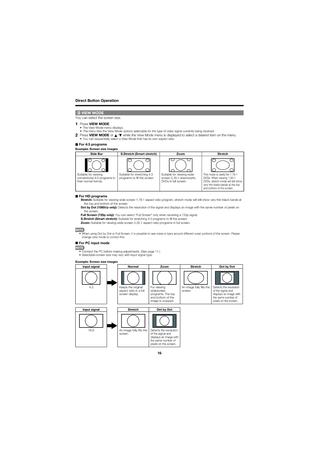 Sharp LC-C46700UN You can select the screen size, Press View Mode, For 43 programs, For HD programs, For PC input mode 