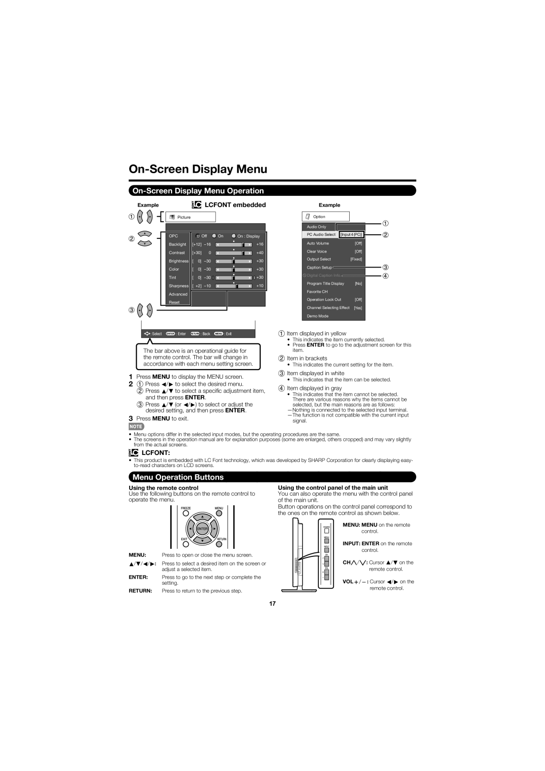 Sharp LC-C52700UN, LC-C46700UN operation manual On-Screen Display Menu Operation, Menu Operation Buttons, Lcfont 