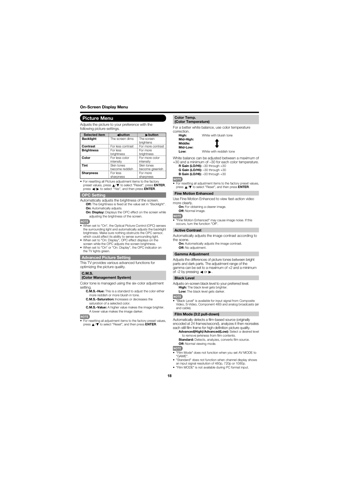 Sharp LC-C46700UN, LC-C52700UN operation manual Picture Menu, OPC Setting, Advanced Picture Setting 