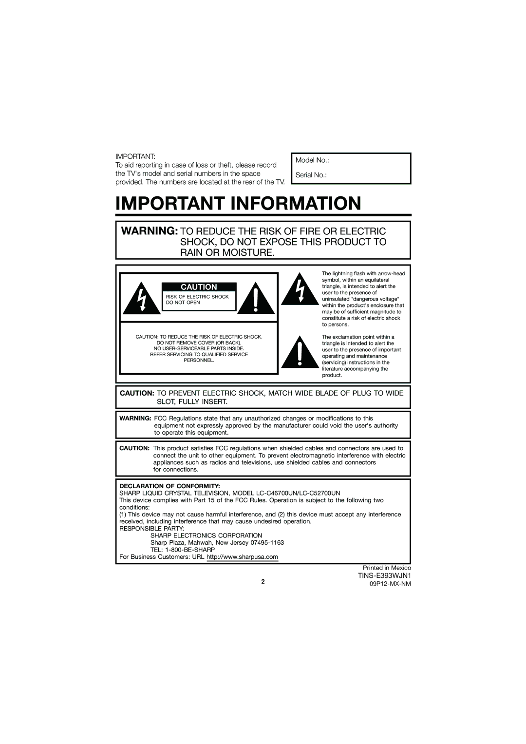 Sharp LC-C46700UN, LC-C52700UN operation manual For connections, Declaration of Conformity, 09P12-MX-NM 