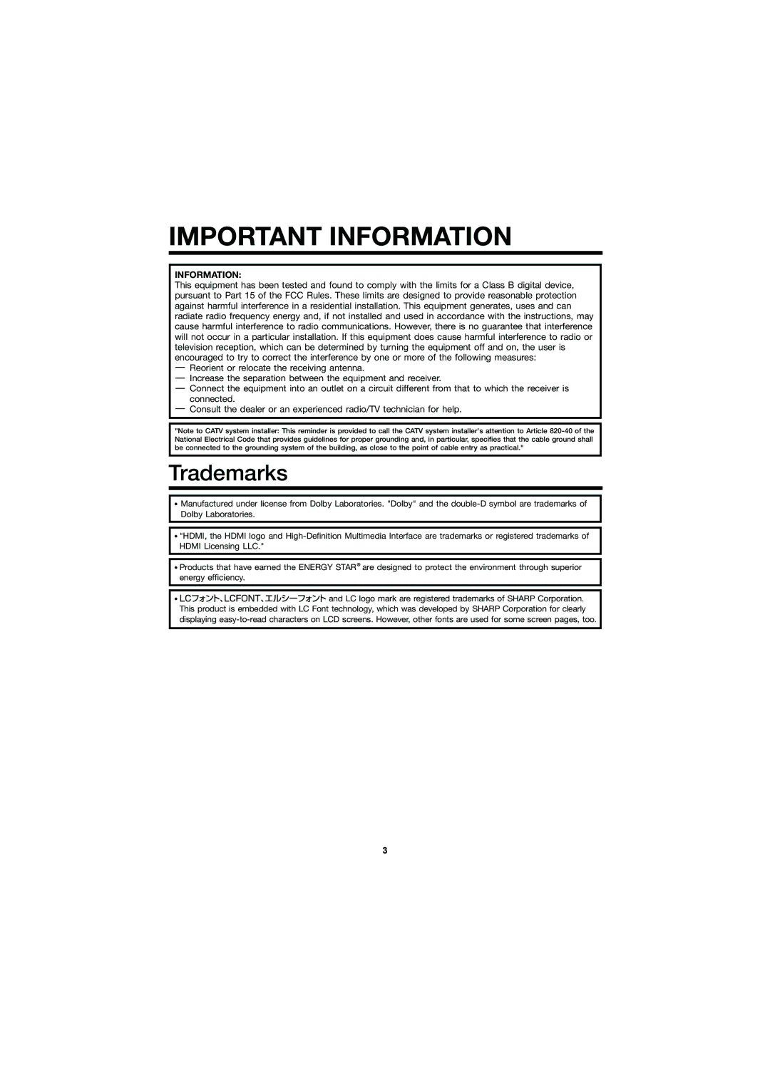 Sharp LC-C52700UN, LC-C46700UN operation manual Important Information 