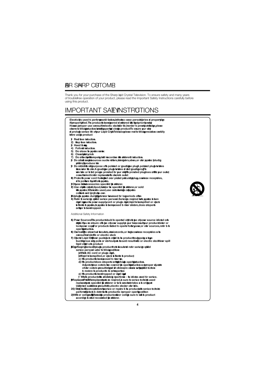 Sharp LC-C46700UN, LC-C52700UN operation manual Dear Sharp Customer, Additional Safety Information 