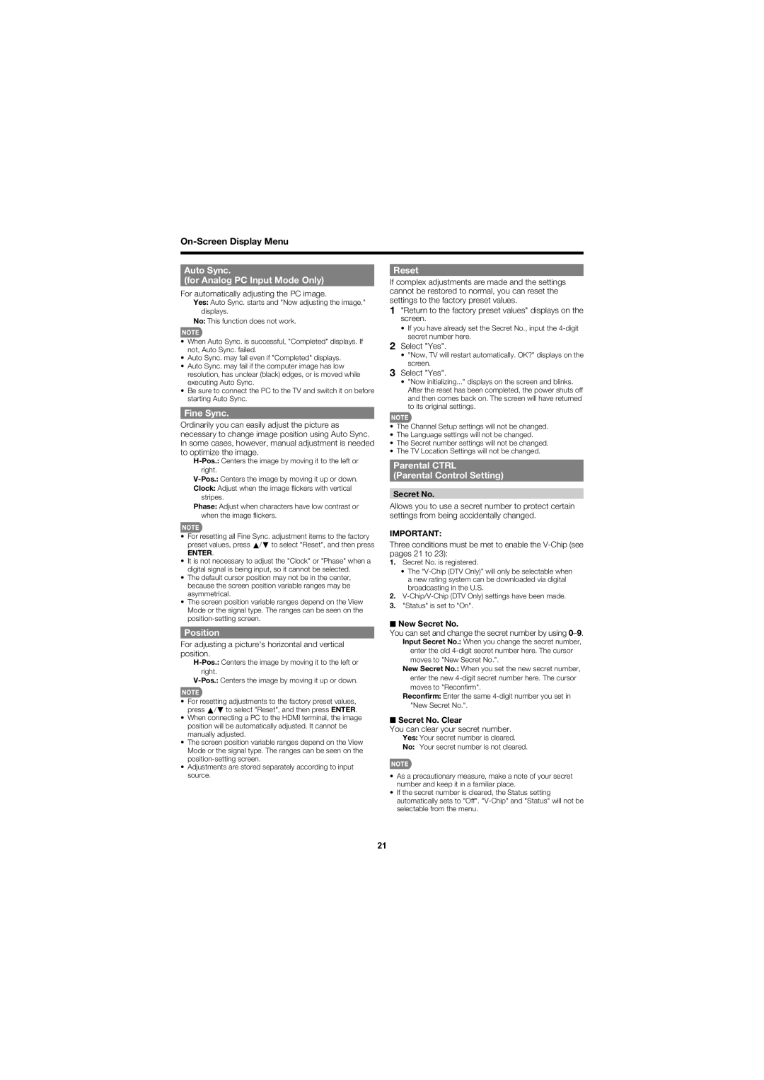 Sharp LC-C5277UN operation manual Auto Sync For Analog PC Input Mode Only, Fine Sync, Position, Reset 