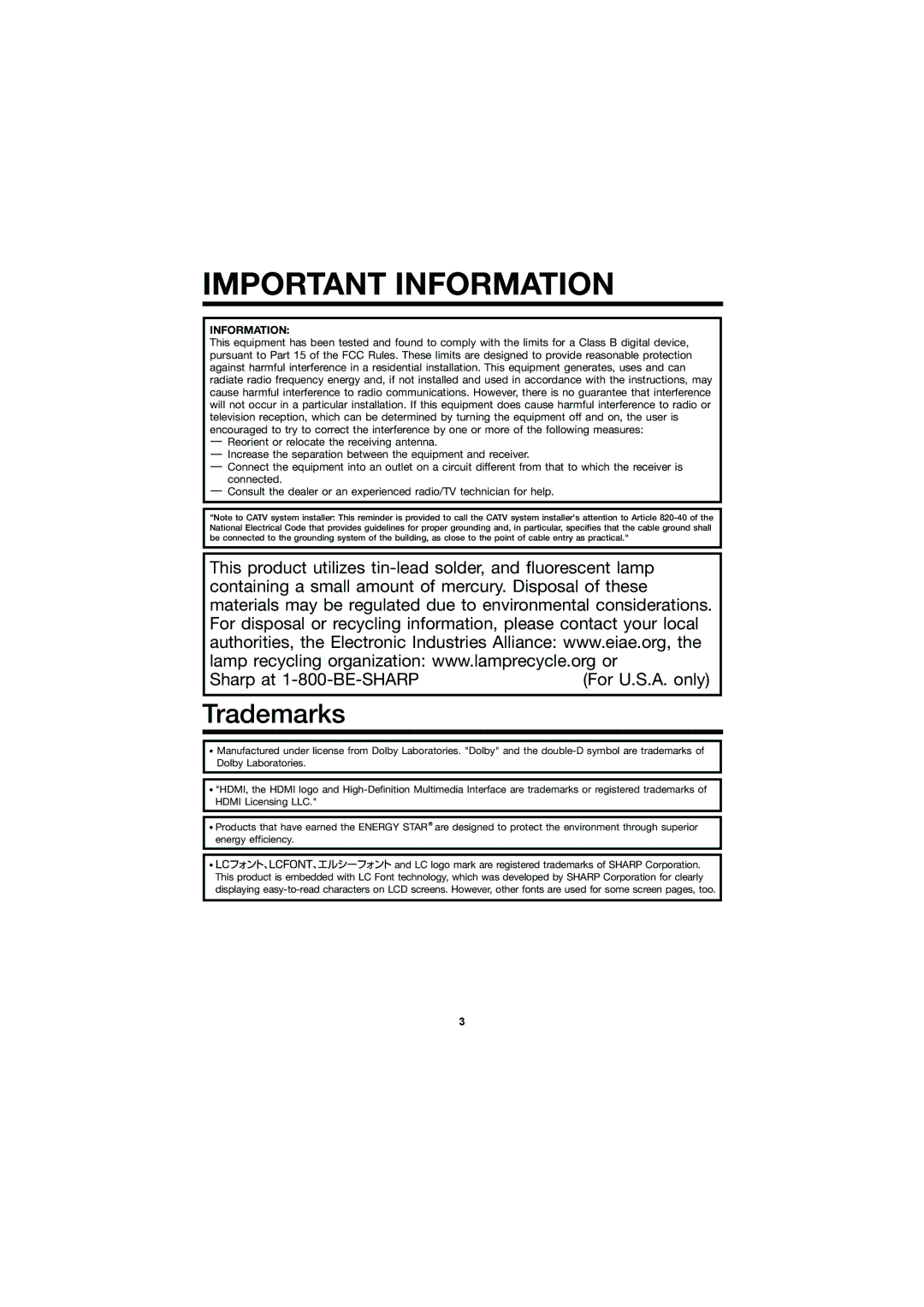 Sharp LC-C5277UN operation manual Important Information 