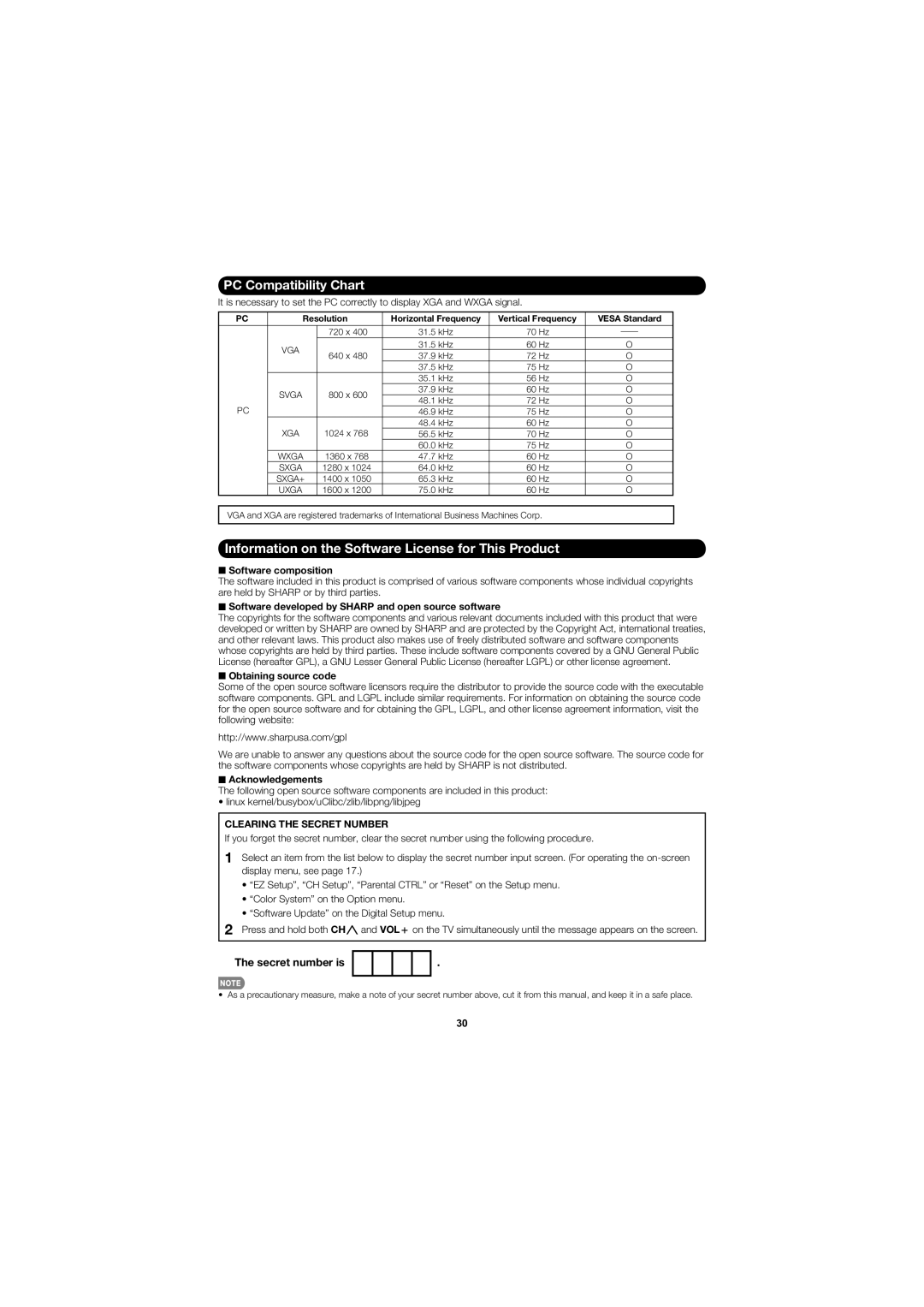 Sharp LC-C5277UN PC Compatibility Chart, Information on the Software License for This Product, Clearing the Secret Number 