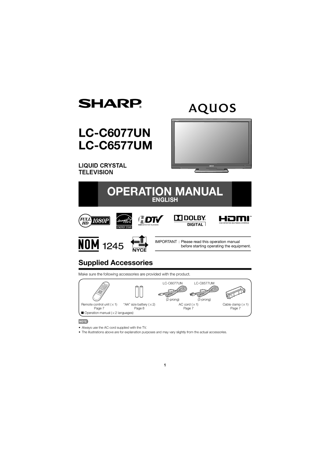 Sharp operation manual LC-C6077UN LC-C6577UM, Supplied Accessories 