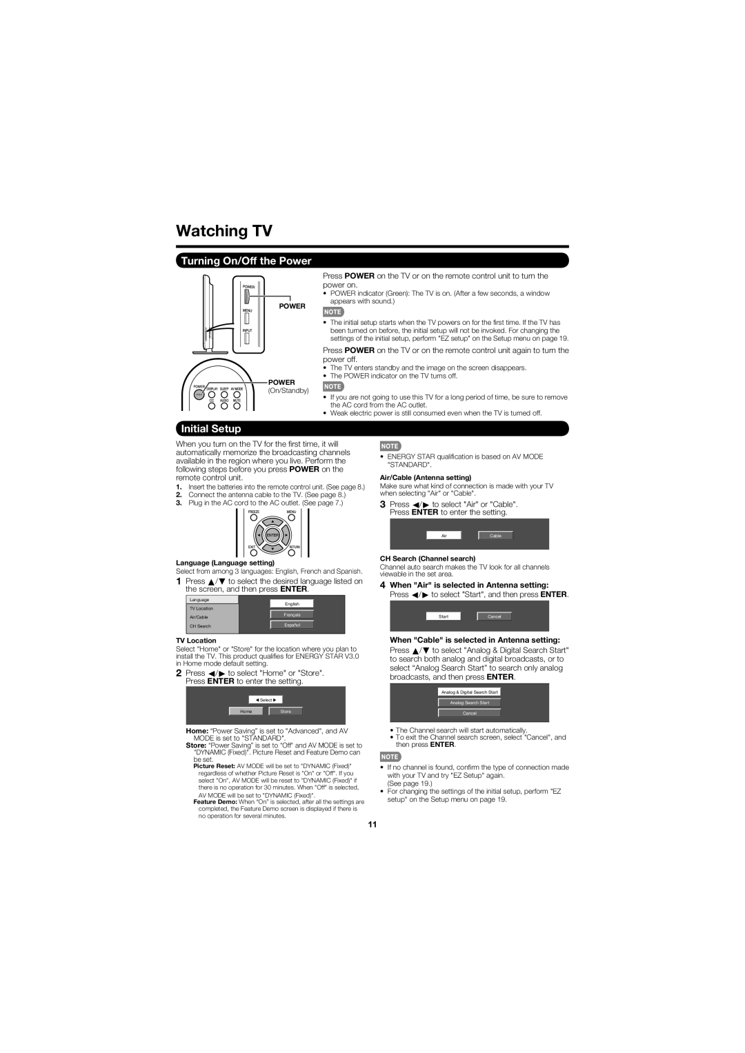 Sharp LC-C6577UM, LC-C6077UN Watching TV, Turning On/Off the Power, Initial Setup, When Air is selected in Antenna setting 