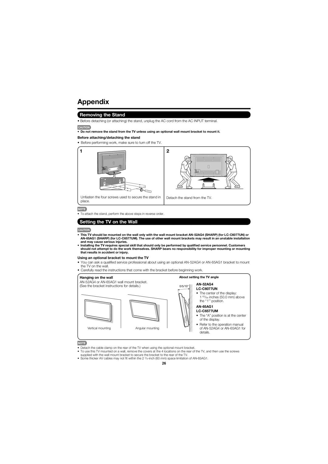 Sharp LC-C6077UN, LC-C6577UM operation manual Appendix, Removing the Stand, Setting the TV on the Wall 