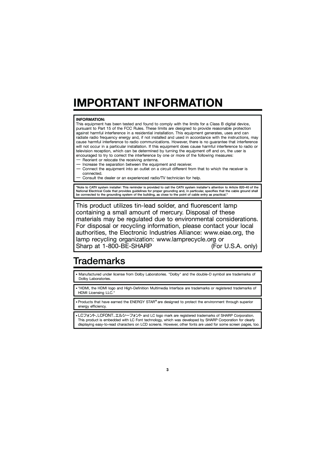 Sharp LC-C6577UM, LC-C6077UN operation manual Important Information 