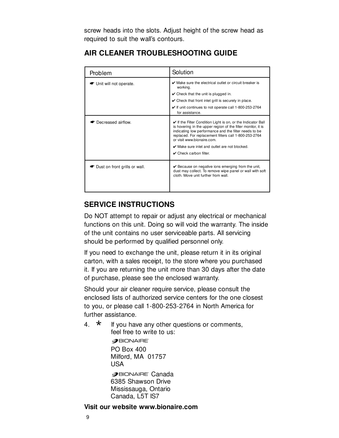 Sharp LC1460, LC1060, LC0760 manual AIR Cleaner Troubleshooting Guide, Service Instructions 